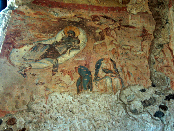[Natività, miracolo di Salome, lavanda di Gesù e annuncio ai pastori.
Scena dagli affreschi della chiesa di Santa Maria Foris Portas a
Castelseprio]