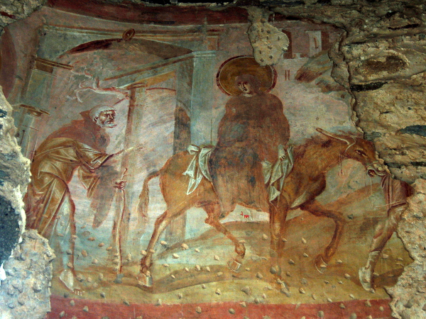 [Maria e Giuseppe in viaggio verso Betlemme per il censimento.  Scena
dagli affreschi della chiesa di Santa Maria Foris Portas a
Castelseprio]