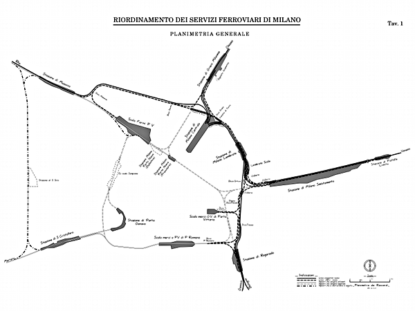 [Planimetria del 1930 che illustra gli interventi di riordino del
nodo ferroviario di Milano: nuove linee, linee preesistenti
riutilizzate, linee preesistenti soppresse e linee da costruire in un
secondo tempo]