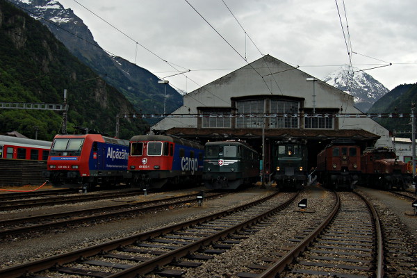 [Locomotive elettriche del Gottardo davanti alla rimessa di Erstfeld:
Re 482.023, Re 620.033, Ae 6/6 11421 &laquo;Graubünden&raquo;, Ae 4/7
10976, Be 4/6 12320, Ce 6/8<sup>II</sup> 14253 (4 giugno 2016)]