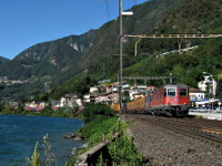 [Treno merci intermodale con doppia trazione di Re 6/6 e Re 4/4 in transito a Capolago]