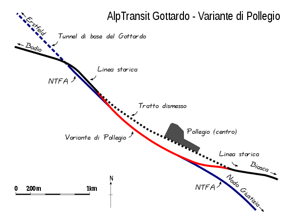 [Mappa della
variante di Pollegio sulla linea ferroviaria del Gottardo.  La
variante allontana i binari dal centro di Pollegio e consentirà
l'interconnessione tra la vecchia linea e la NTFA / NEAT]