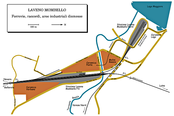 [Mappa ferroviaria di Laveno, con stazioni, raccordi, decauville e
aree industriali dismesse della Società Ceramica Italiana]