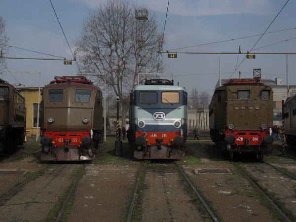 [Locomotive
elettriche E428.226 "Pirata", E646.085 in livrea "Treno
Azzurro" ed E428.014 sulla rotonda di Milano Smistamento]