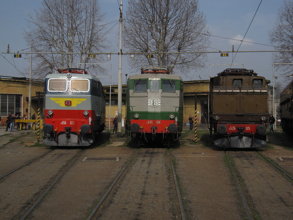 [Locomotive
elettriche E656.023, E645.104 ed E626.015 in livrea originale sulla
rotonda di Milano Smistamento]