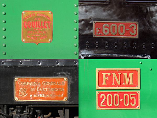 [Targhe delle locomotive storiche delle Ferrovie Nord Milano 200-05
(Couillet, 1883) e E.600-03 (OM / GE, 1928)]
