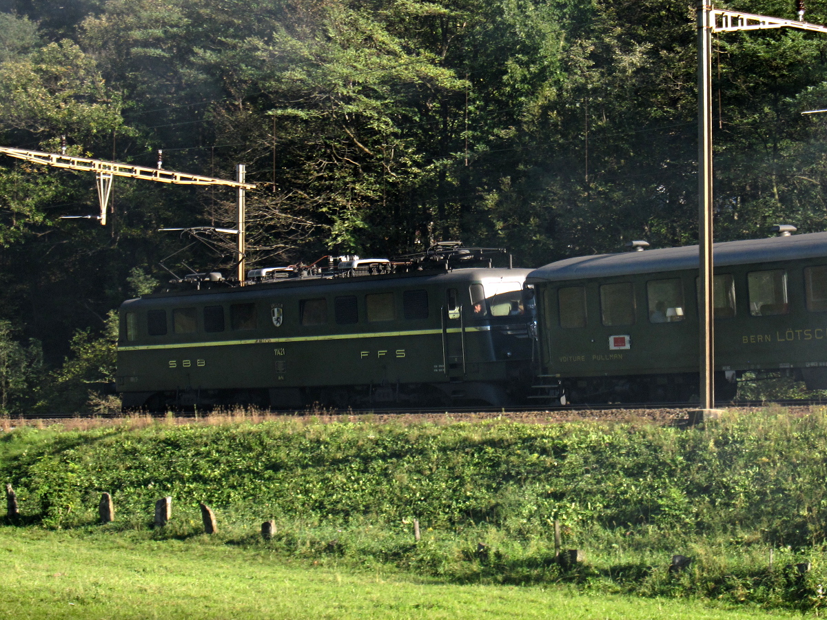 [Locomotiva elettrica SBB Ae 6/6 &laquo;Graubunden&raquo; in transito
a Taverne (20 ottobre 2012)]