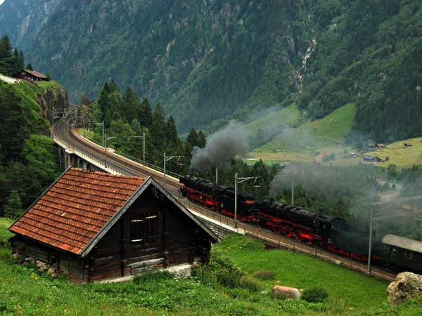 [Locomotive a vapore Br. 01 202 e Br. 01 150 in transito
a Wassen presso il Mittlere Meienreussbrücke (27 giugno 2015)]